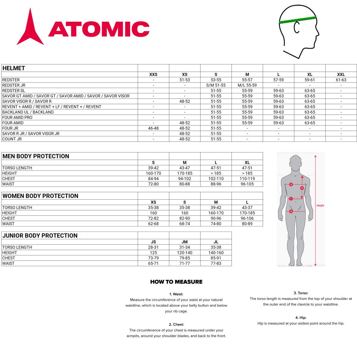 Atomic helmet and protector size chart