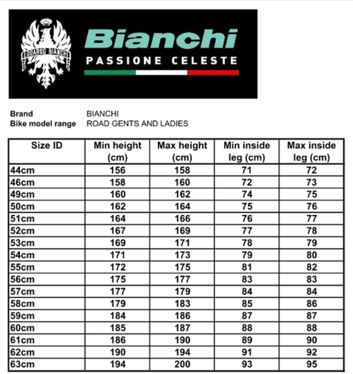 Bianchi országúti kerékpárok mérettáblázata