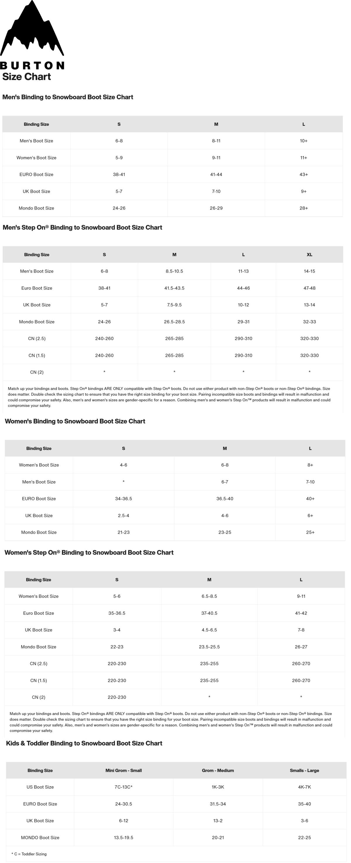 Burton snowboard binding size chart