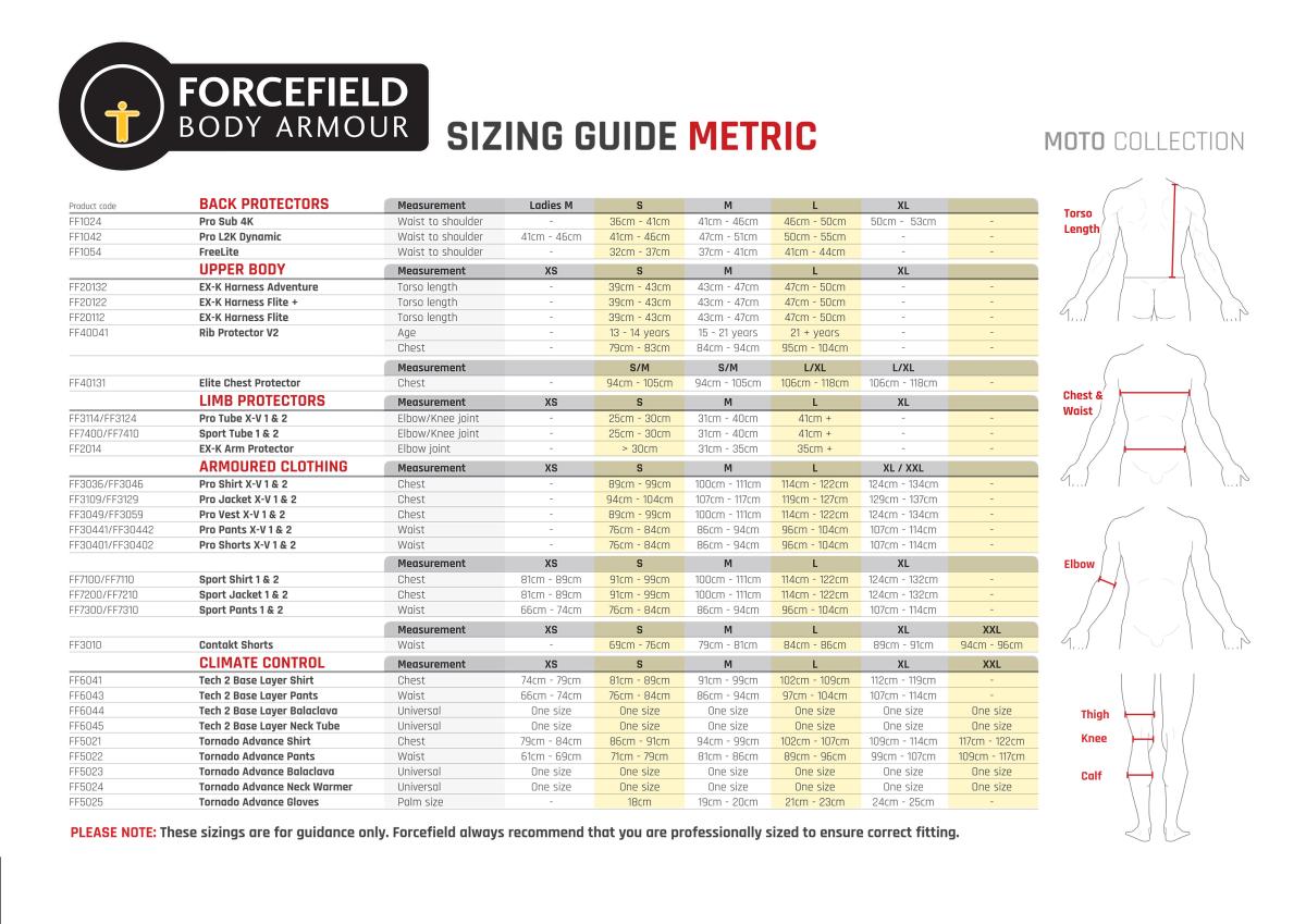 Forcefield body protectors size chart