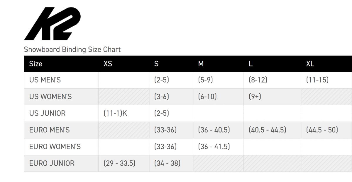 K2 snowboard binding size chart