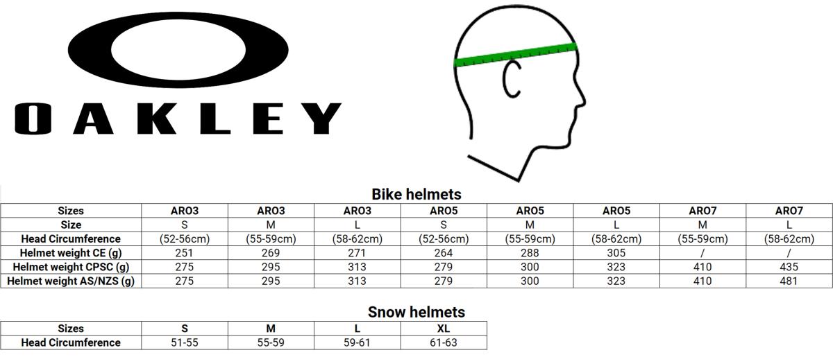 Oakley bukósisak mérettáblázat