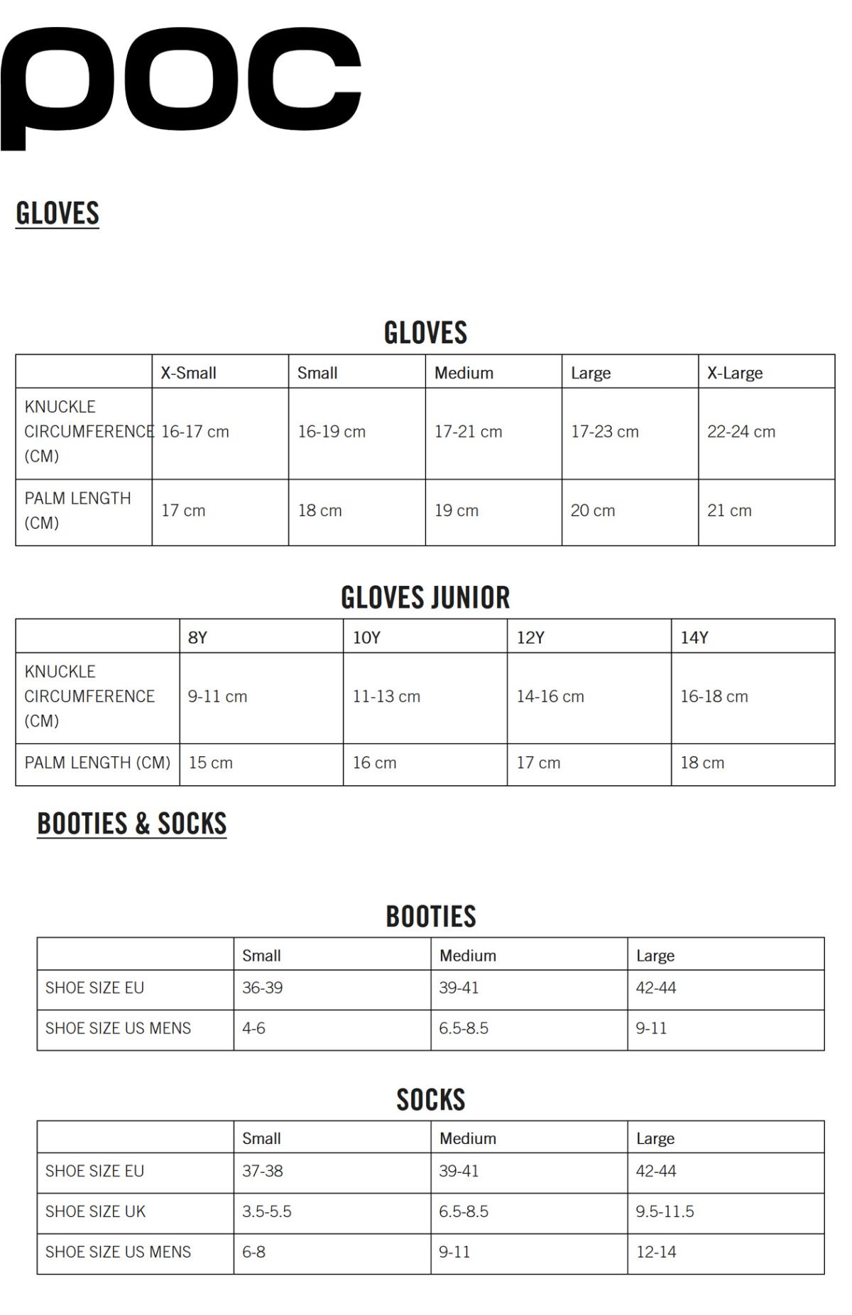 POC gloves, socks size chart