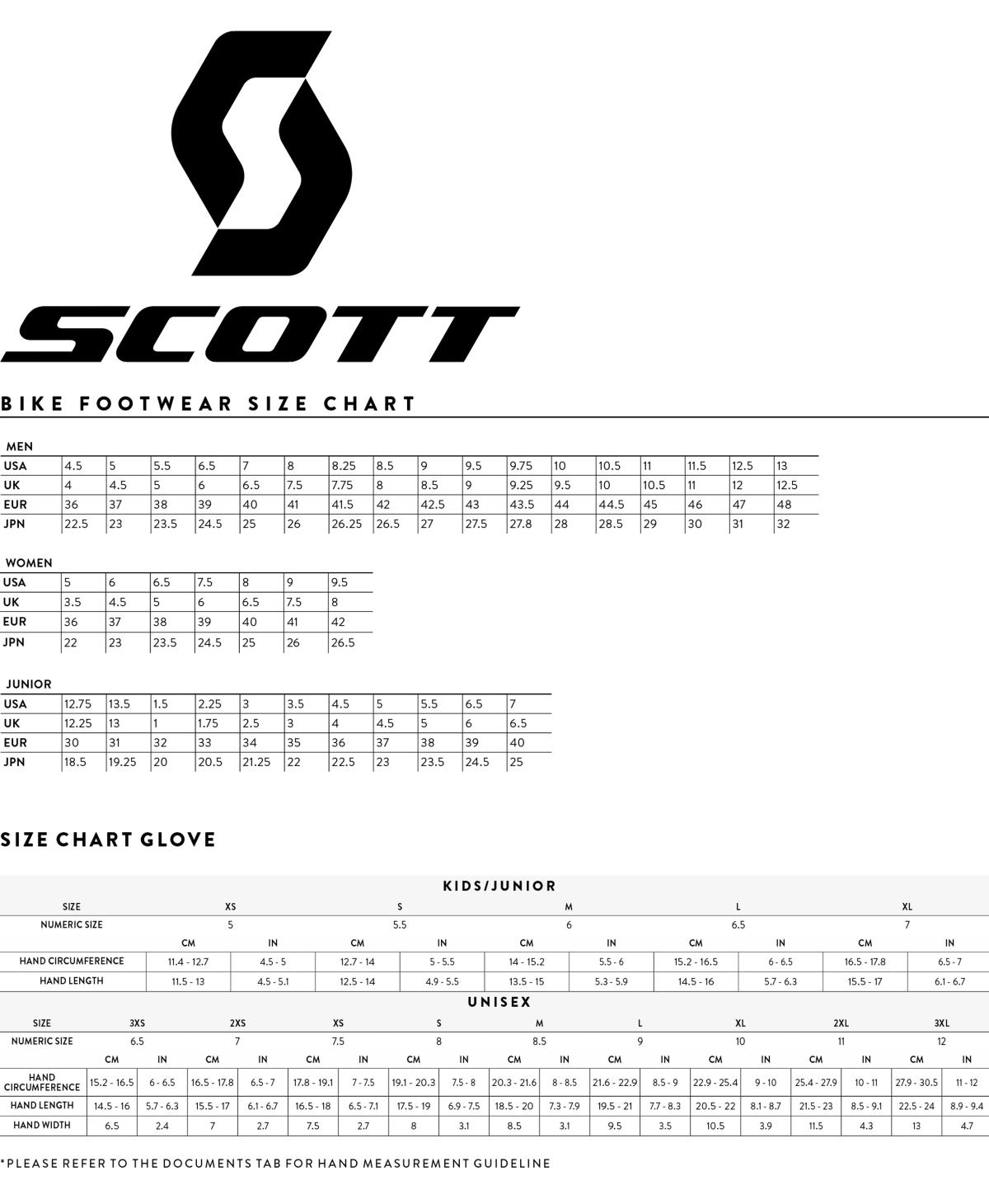 Scott gloves and shoes size chart